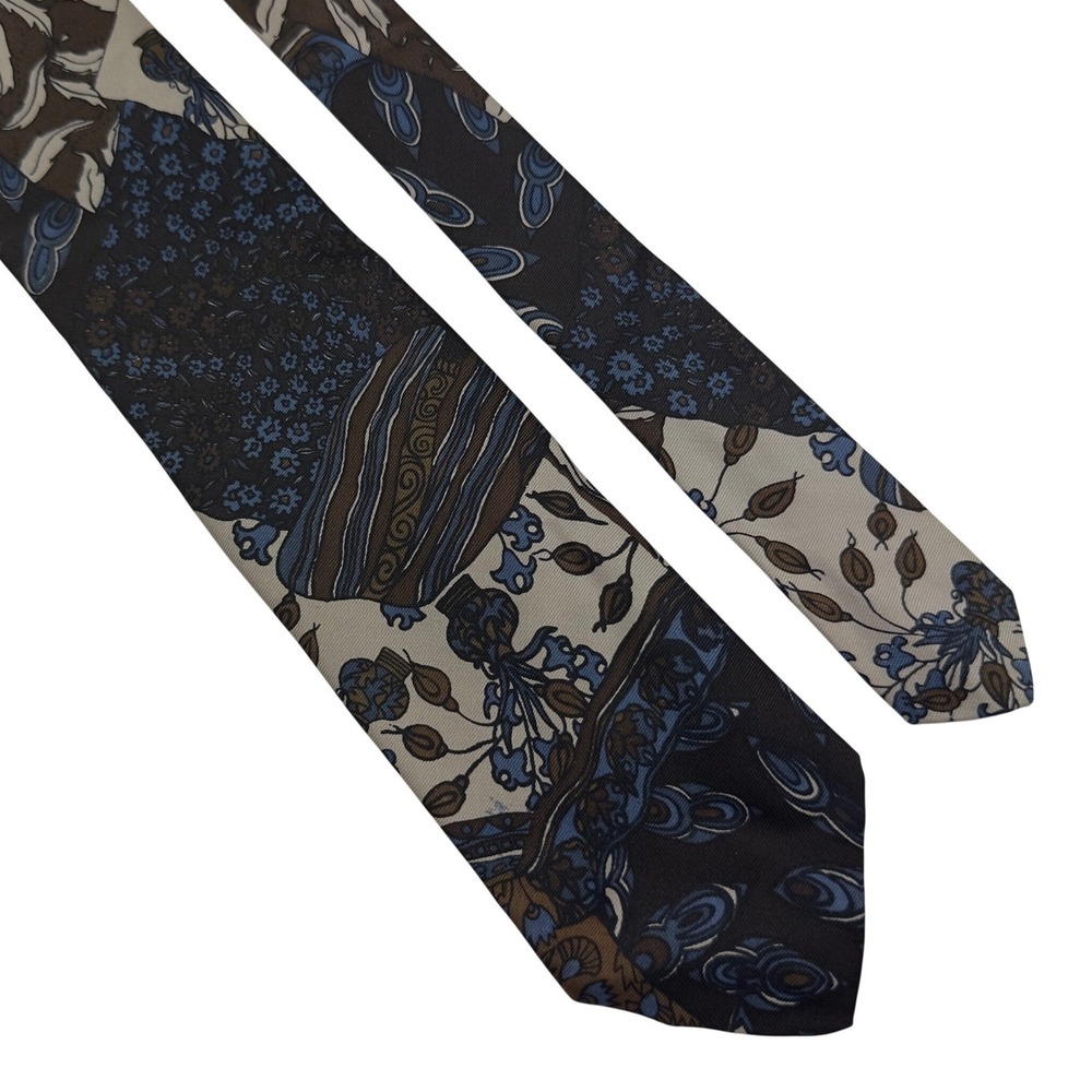 Pierre Cardin Vintage 100% Silk Tie Brown Blue Patchwork Floral Paisley Print